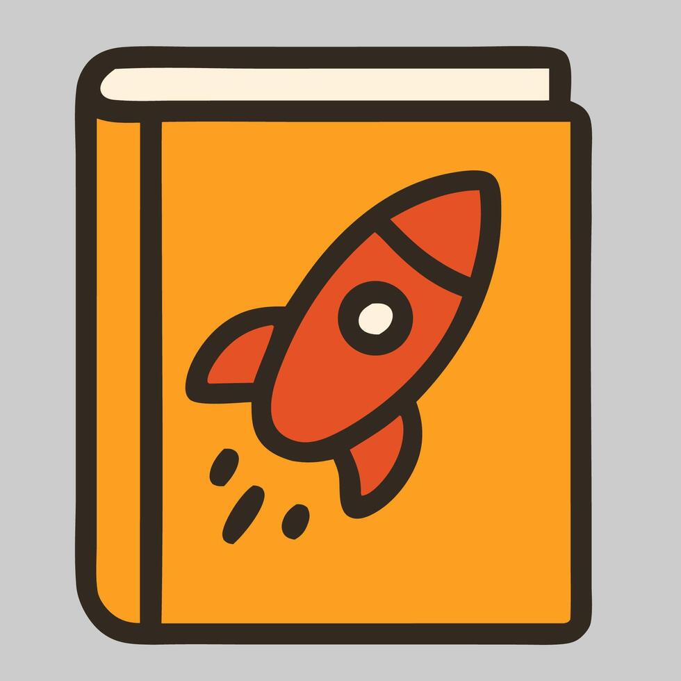 Yellow book icon with red rocket illustration, great for education, kids, or science content. vector