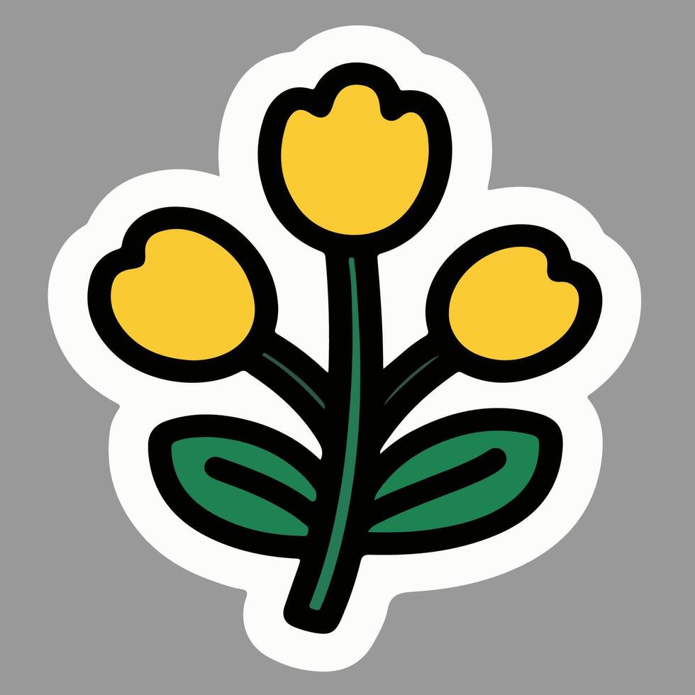 Yellow flower icon with small circular buds and dual stem, cartoon plant design, flat style. vector