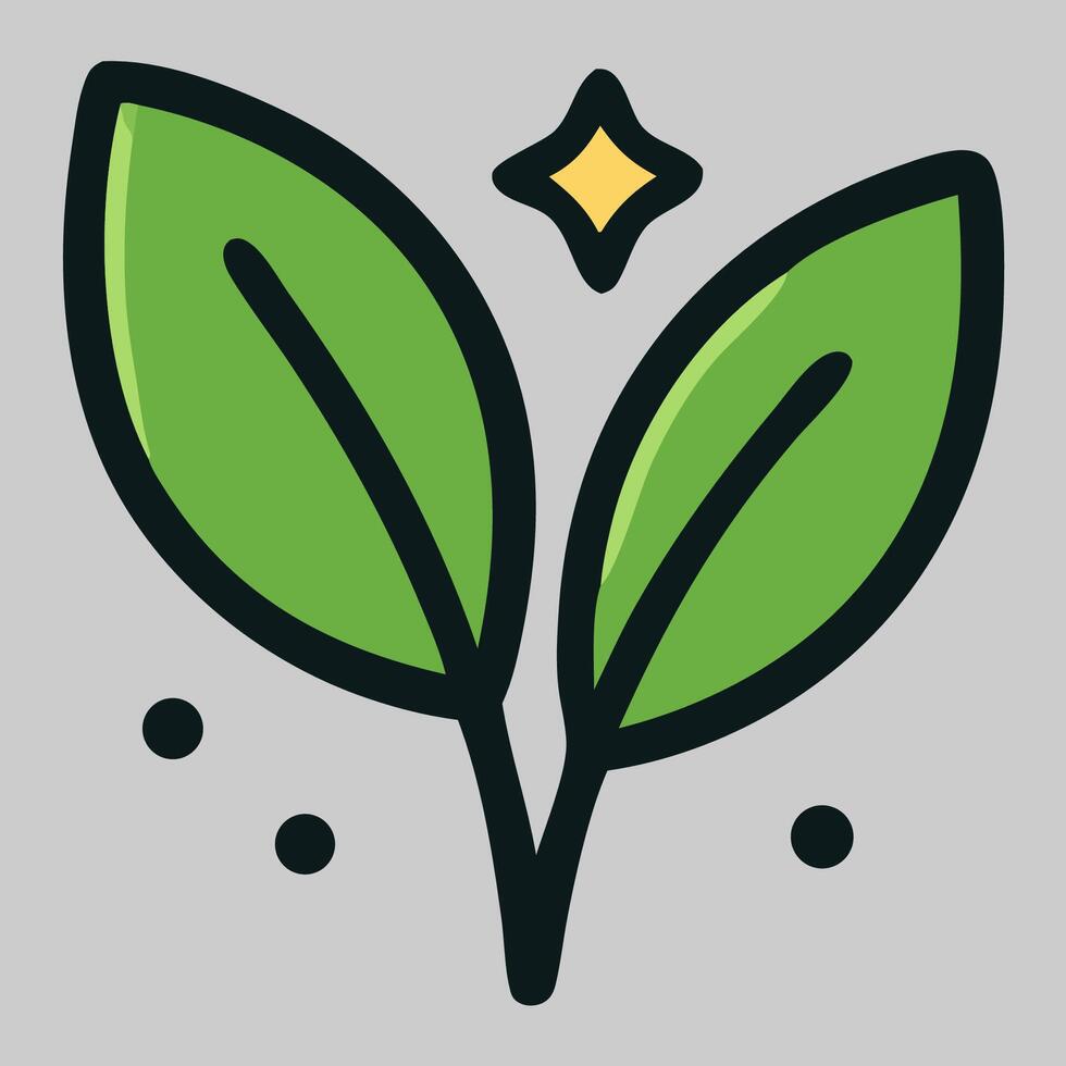 Minimalist two-leaf icon with sparkles around, symbolizing simplicity, purity, and nature-based design. vector
