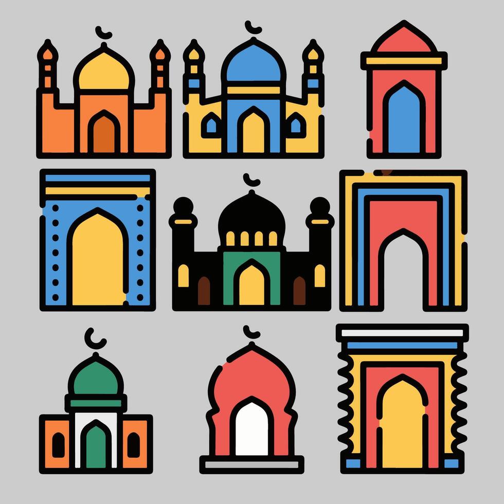 Flat mosque icon set with arabic architectural elements in bold line and bright color illustration vector