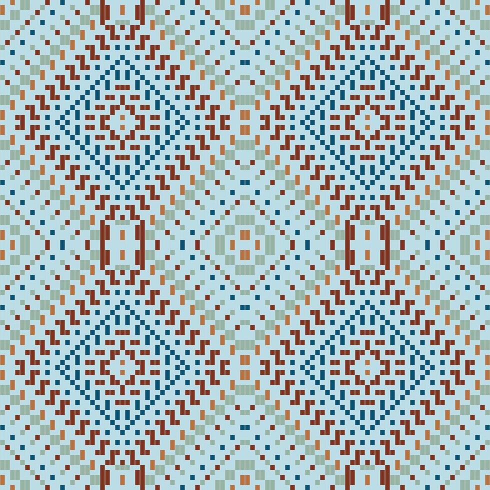Ethnic Fabric Pixel Ikat Design Pattern Drawingfolk Embroidery, Aztec Geometric Ornament Print. Design for Carpet, Wallpaper, Clothing, Wrapping, Fabric vector