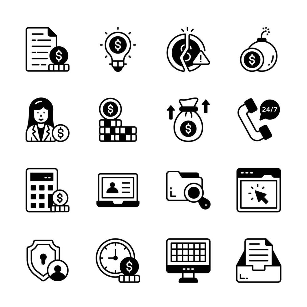 Easy to edit pack showing accounting and finance services glyph icons. vector