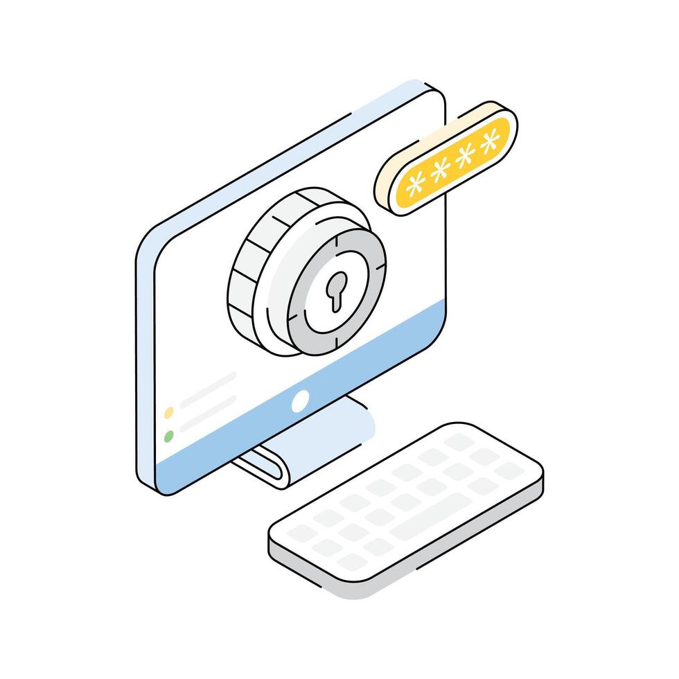 An isometric outline icon of secured system password access vector