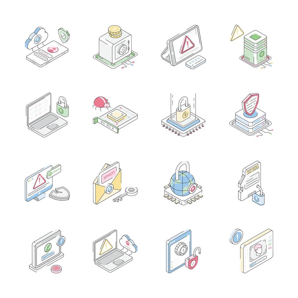 Download premium isometric outline collection showing cybersecurity icons vector
