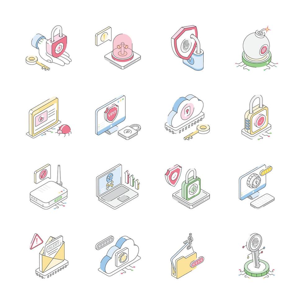 Handy bundle of isometric outline icons depicting cyber protection concepts vector