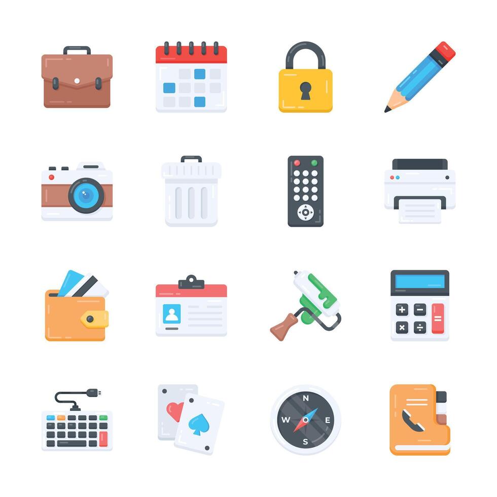 Get this handy set of business supplies flat style icons vector