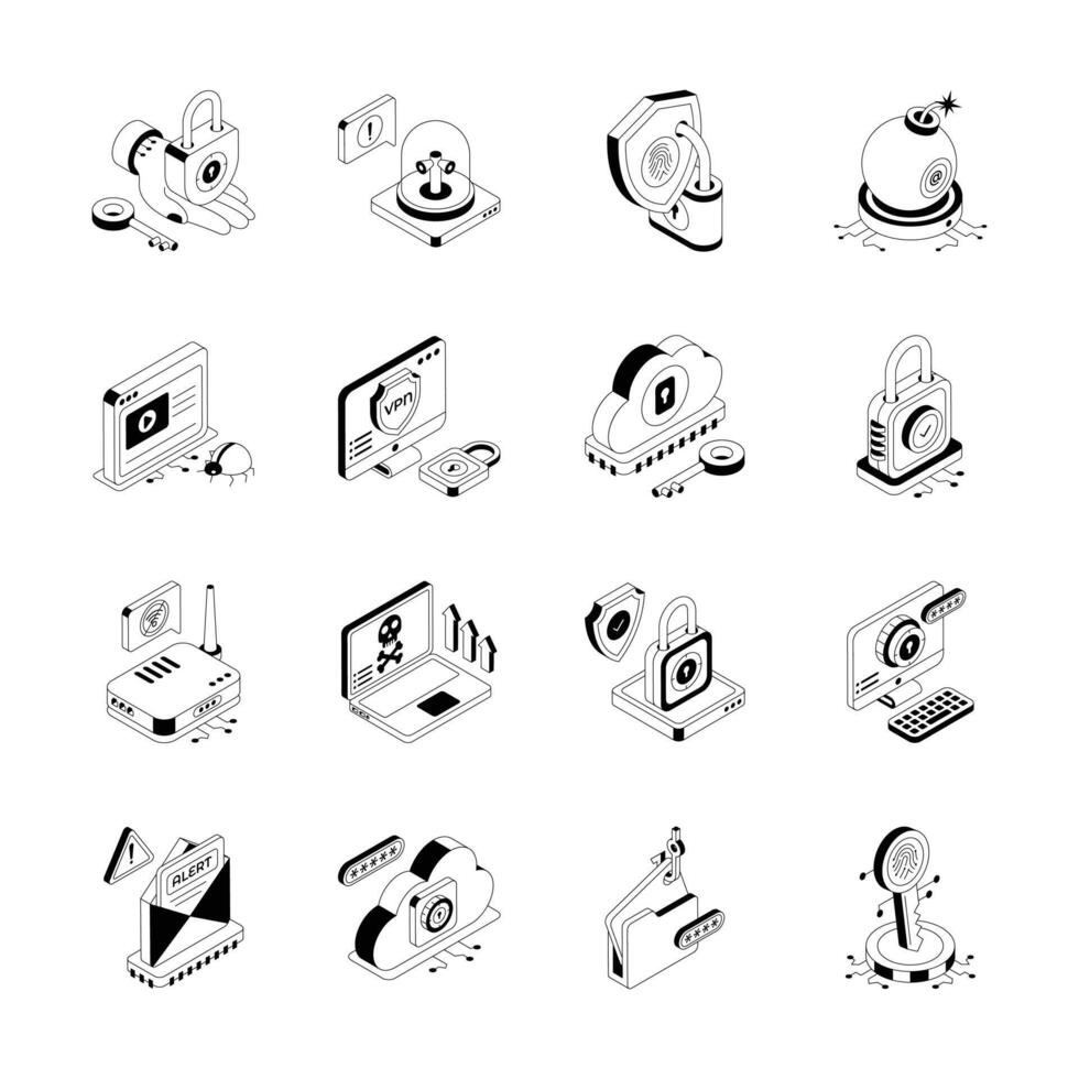 Handy Bundle of Online Protection Isometric Icons vector