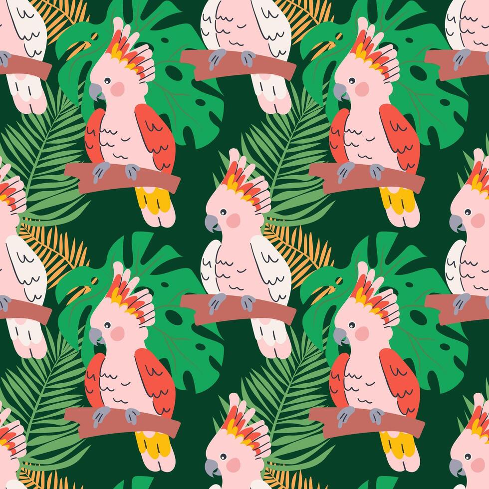 Seamless trendy pattern with exotic birds on a branch in tropical nature in exotic with tropical leaves abstract painting .Hand drawn illustration for fabric , paper and web design . vector