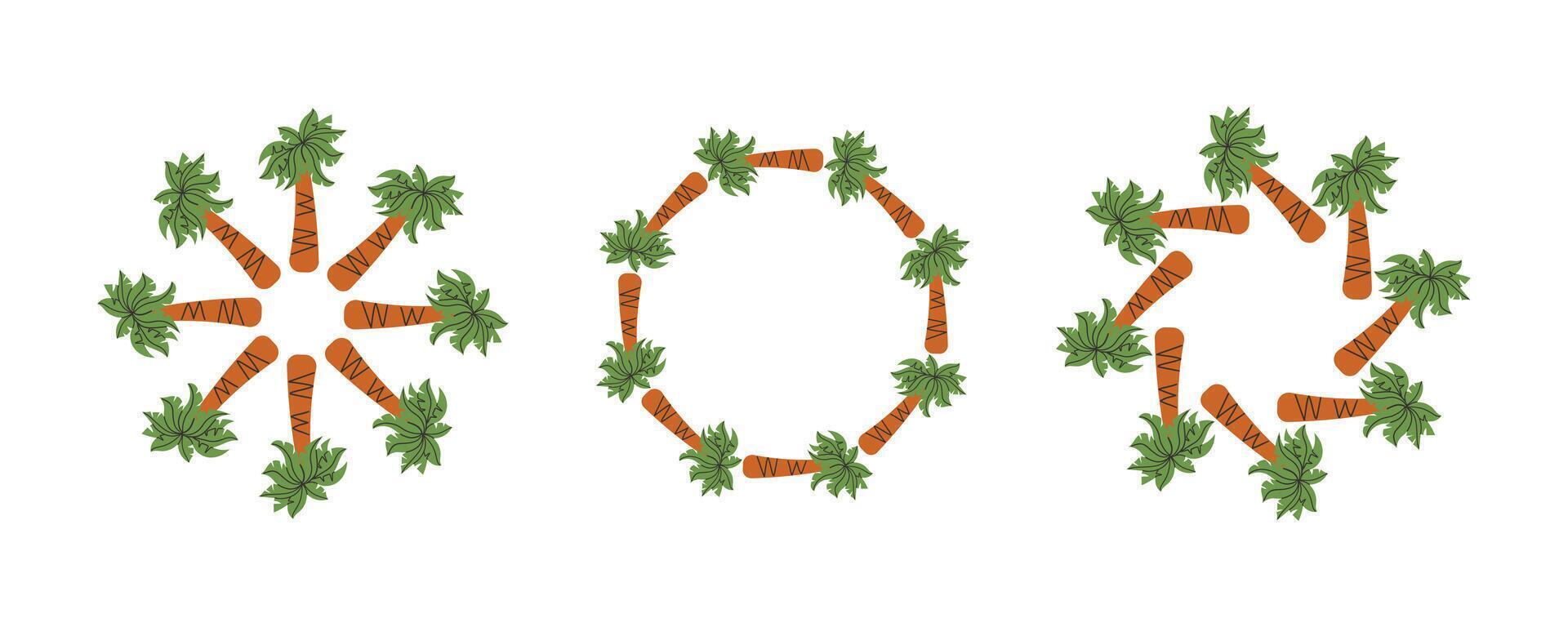 Set of round frames made of tropical palms. Simple natural leaf design. decoration template for cards, wedding invitations vector