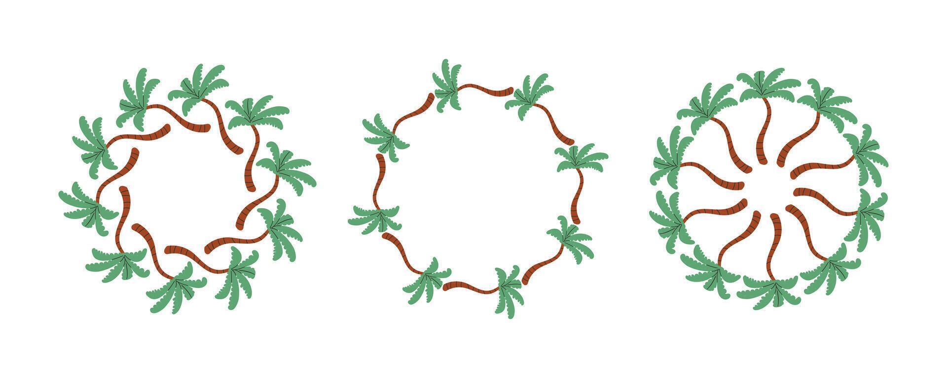 Set of round frames made of tropical palms. Simple natural leaf design. decoration template for cards, wedding invitations and birthday vector