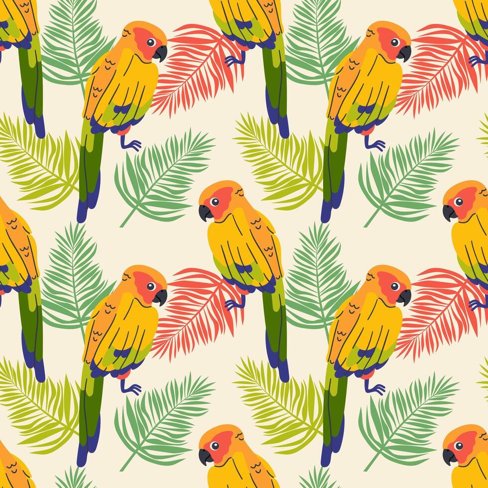 Seamless textile trendy pattern with exotic birds on a branch in tropical nature in exotic with tropical leaves Hand drawn illustration for fabric , paper and web design . vector