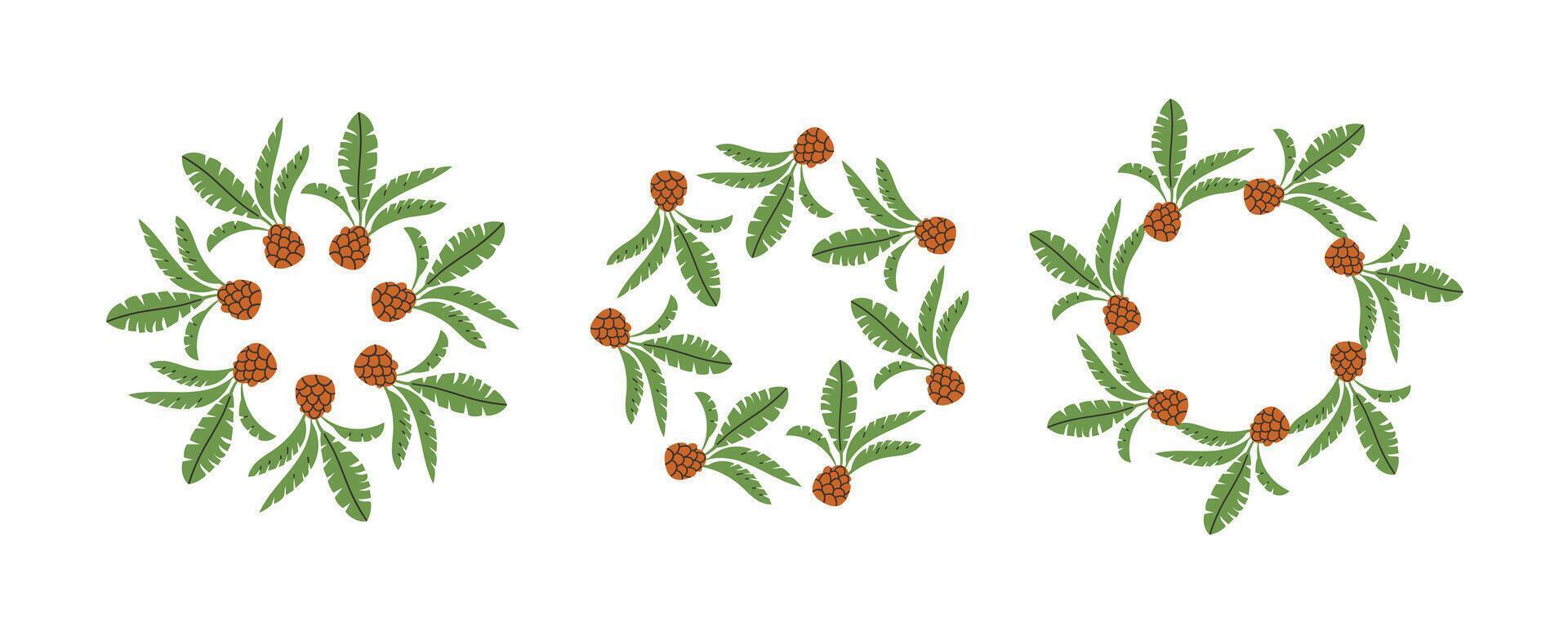 Set of round frames made of tropical palms. Simple natural palms design. decoration template for cards, wedding invitations and birthday greetings. vector