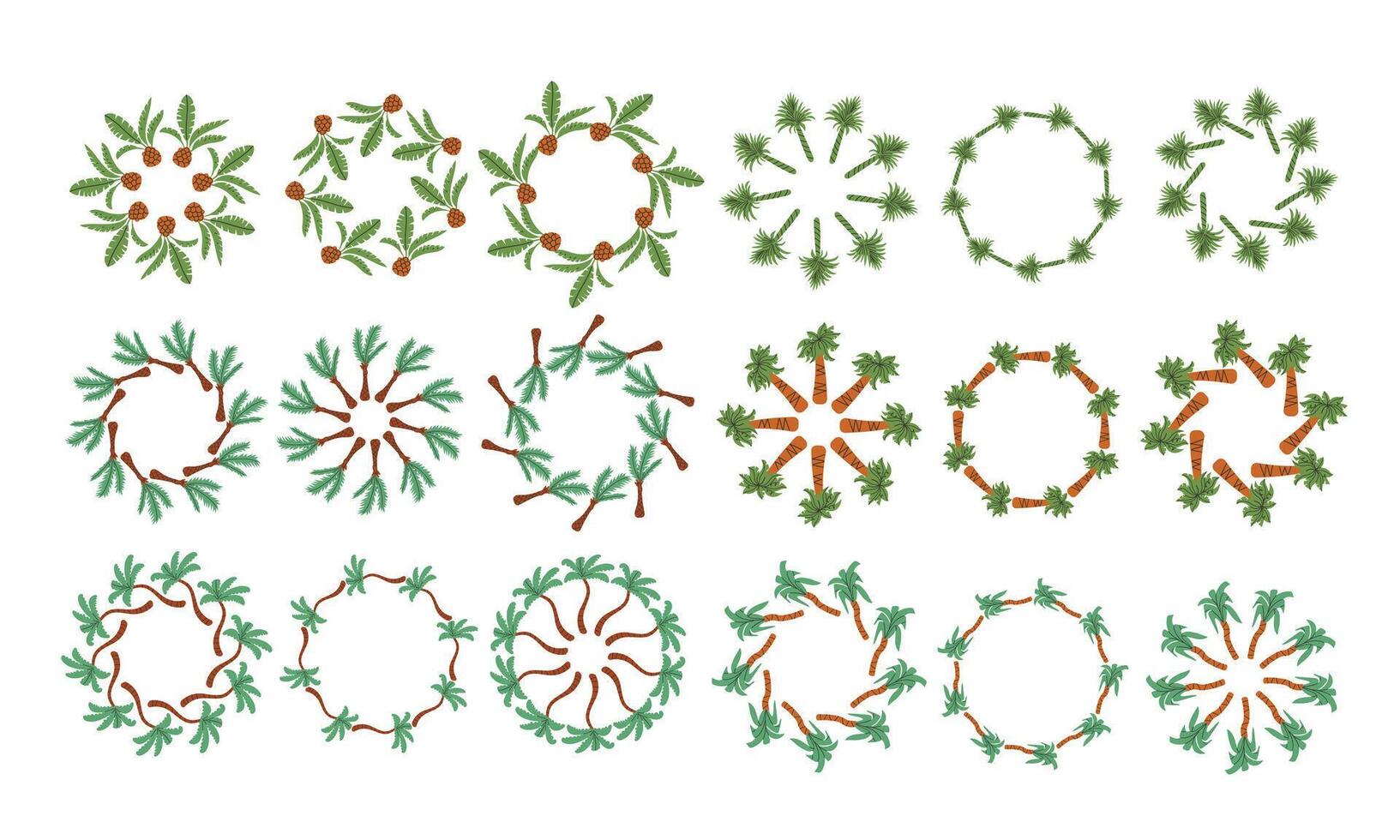 Set of round frames made of tropical palms. Simple natural leaf design. decoration template for cards, wedding invitations and birthday greetings. vector