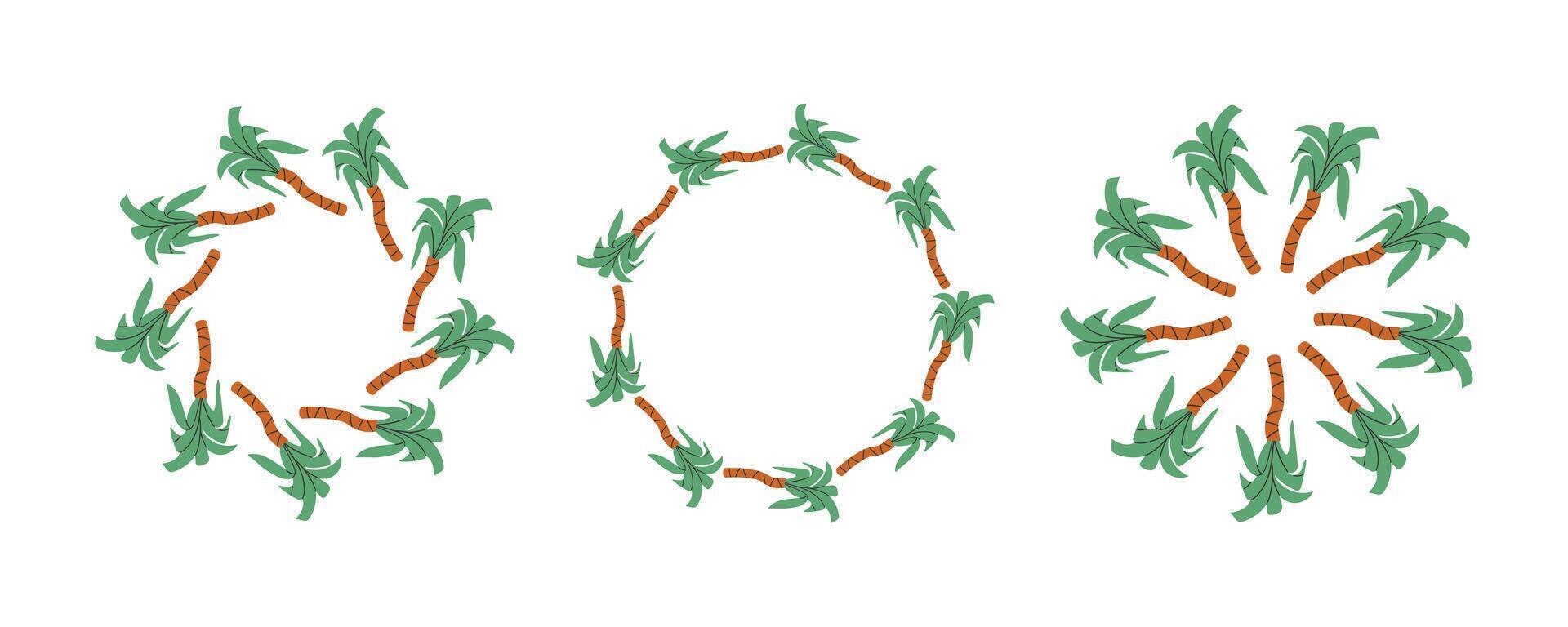 Set of round frames made of palms. Simple natural leaf design. decoration template for cards, wedding invitations and birthday greetings. vector