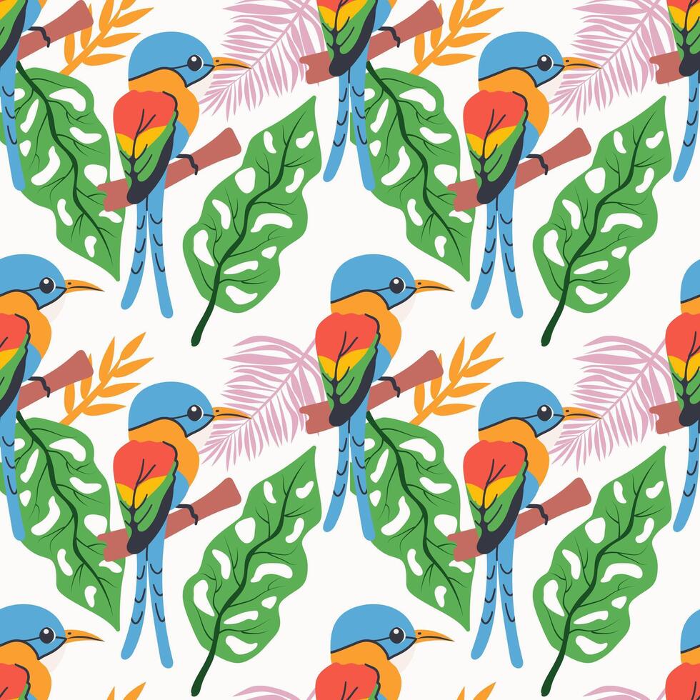 Seamless textile trendy pattern with exotic birds on a branch in tropical nature in exotic with tropical leaves abstract painting .drawn illustration for fabric , paper and web design . vector