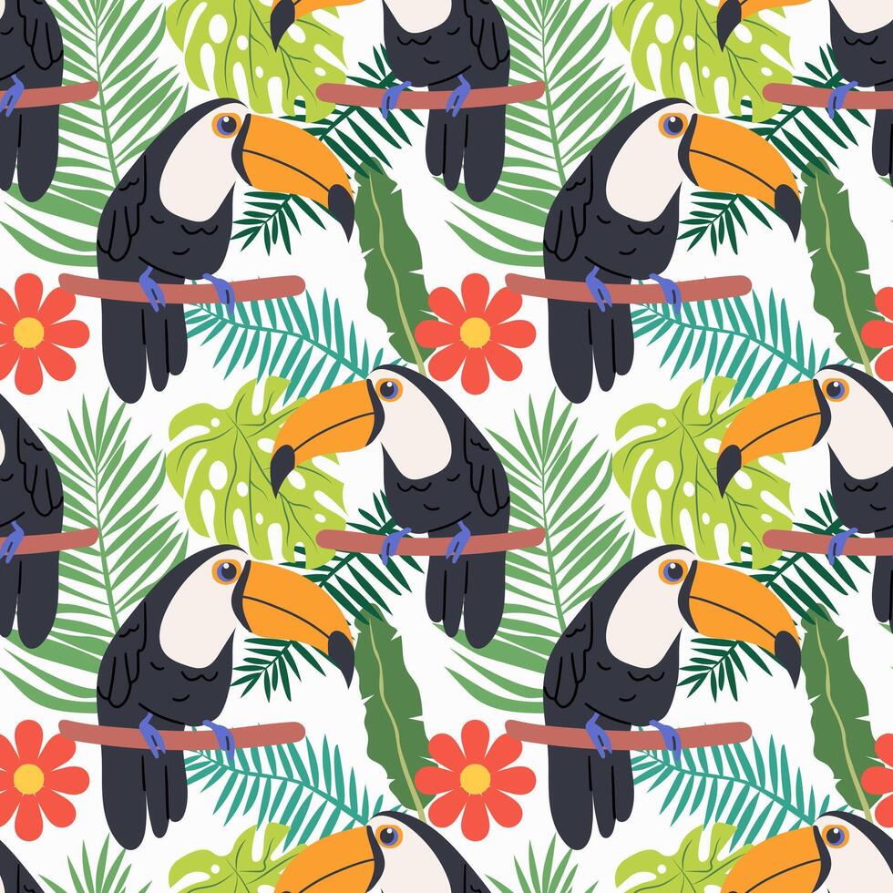 Seamless textile trendy tropical pattern with exotic birds on a branch in tropical nature in exotic with tropical leaves abstract painting .Hand drawn illustration for fabric vector