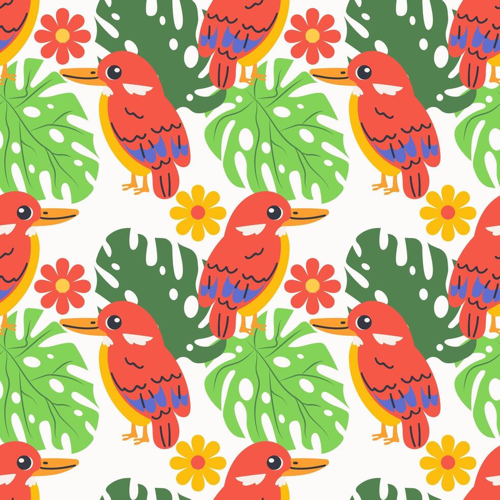 Seamless textile trendy pattern with exotic birds on a branch in tropical nature in exotic with tropical leaves abstract painting .Hand drawn illustration vector