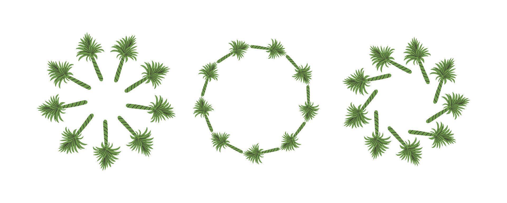 Set of round frames made of tropical palms. Simple natural leaf design. decoration template for cards, invitations and birthday greetings. vector