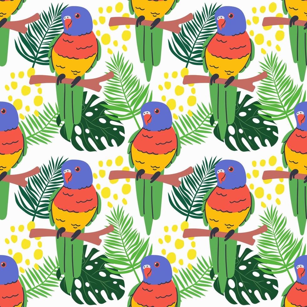 Seamless textile trendy pattern with exotic birds on a branch in tropical nature in exotic with tropical abstract painting .Hand drawn illustration for fabric , paper and web design . vector
