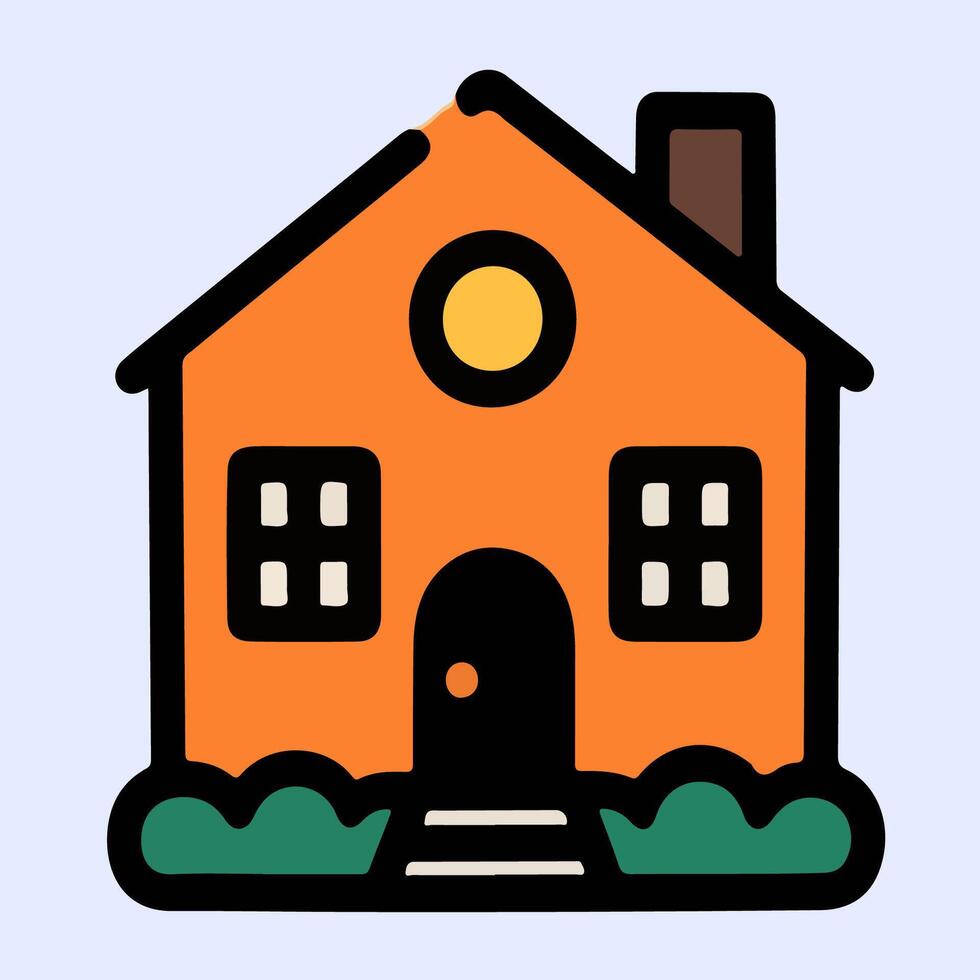 Orange and black house icon with big square windows, cartoon roof, and front path, designed for bold flat design and housing illustration use. vector