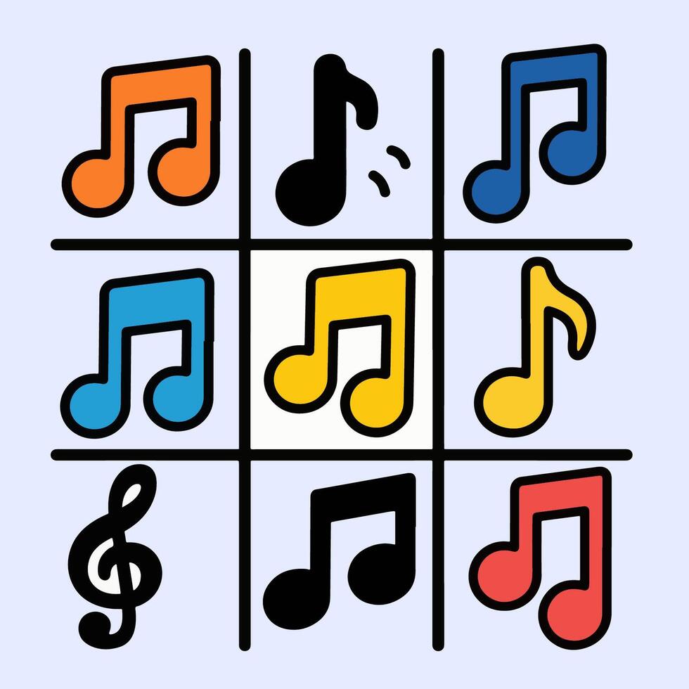 Grid of colorful musical note icon image with black background, great for design and user interface. vector