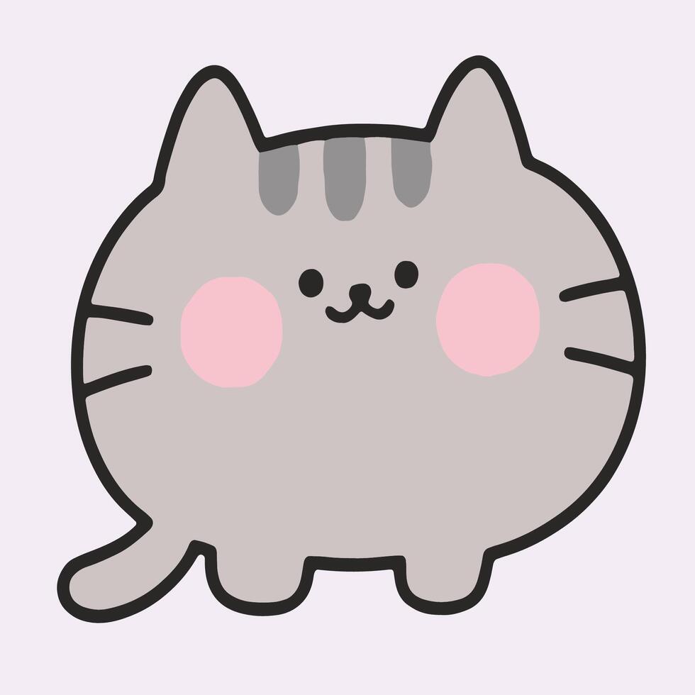 Adorable cartoon gray cat with a round body, pink cheeks, and cute expression. Cheerful and simplistic illustration perfect for child-friendly designs, stickers, or whimsical decorations. vector