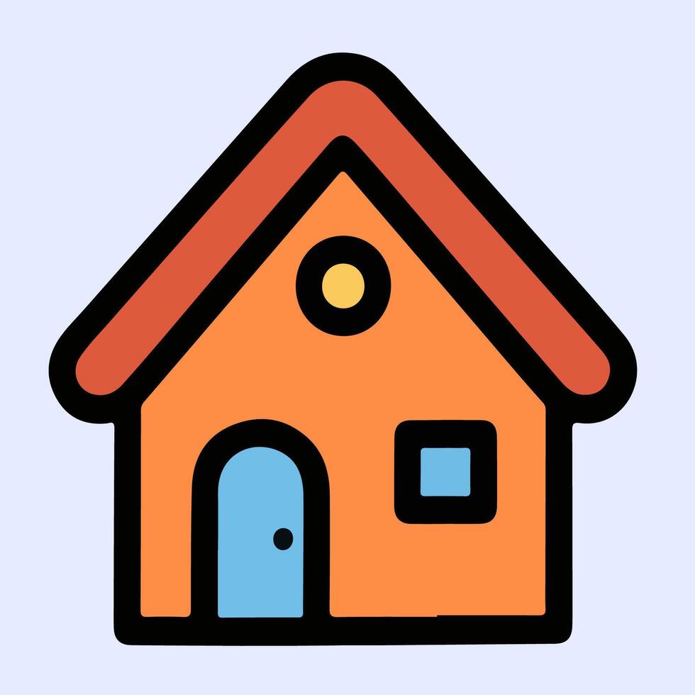 Orange cartoon house icon with blue door and windows, modern suburban design, and triangular black roof in flat illustration style. vector