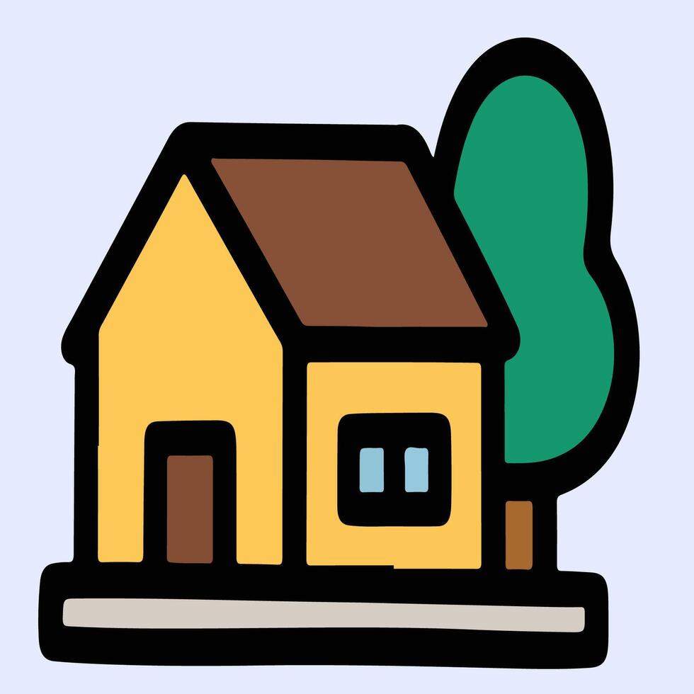 Cartoon yellow house icon with porch and tree, outlined in black, showing bright sunny suburban design in illustration style. vector