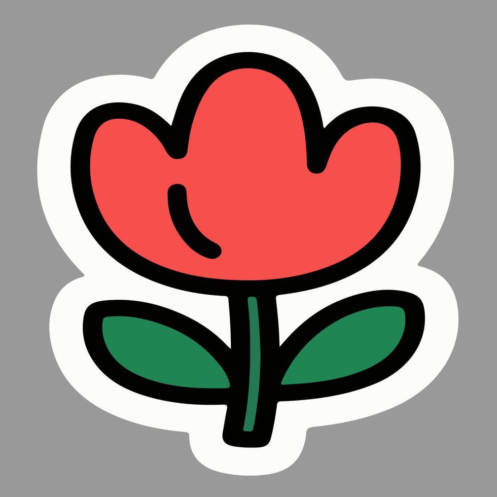 Red flower icon with white border and green leaves, cartoon style, full bloom tulip-like shape. vector
