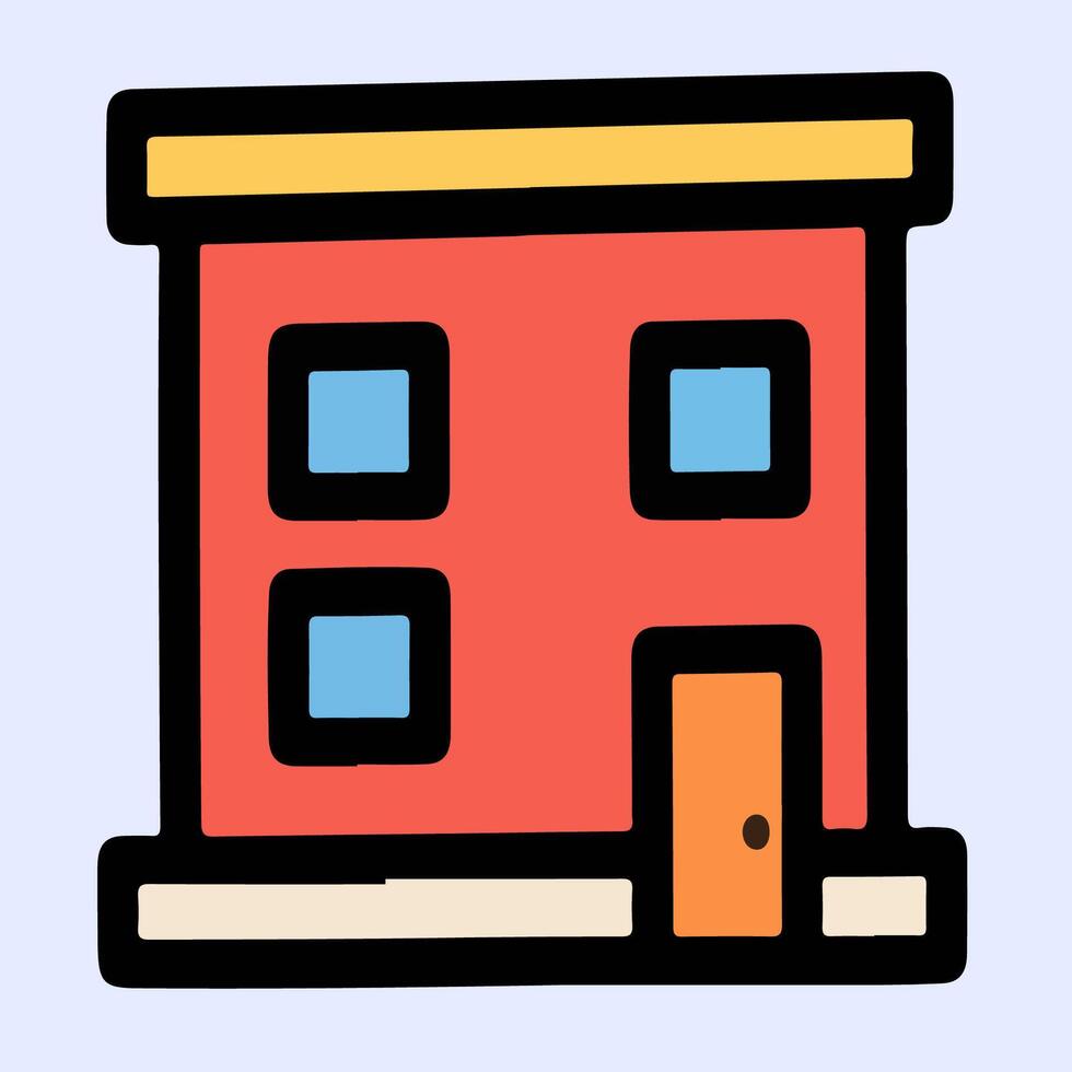 Red-orange house icon with large square windows and flat roof, bold outline and simplified design perfect for modern urban housing symbols. vector