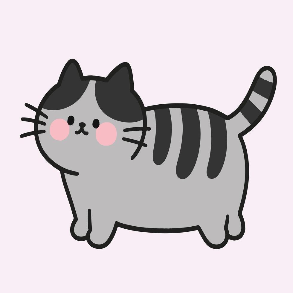 Charming Gray Cartoon Cat Illustration with Adorable Pink Cheeks vector