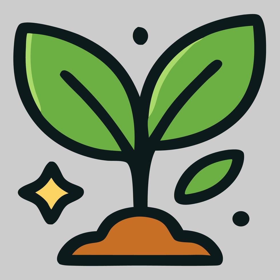 Two sprouting green leaves icon on brown soil, representing planting, growth, and eco-friendly habits. vector