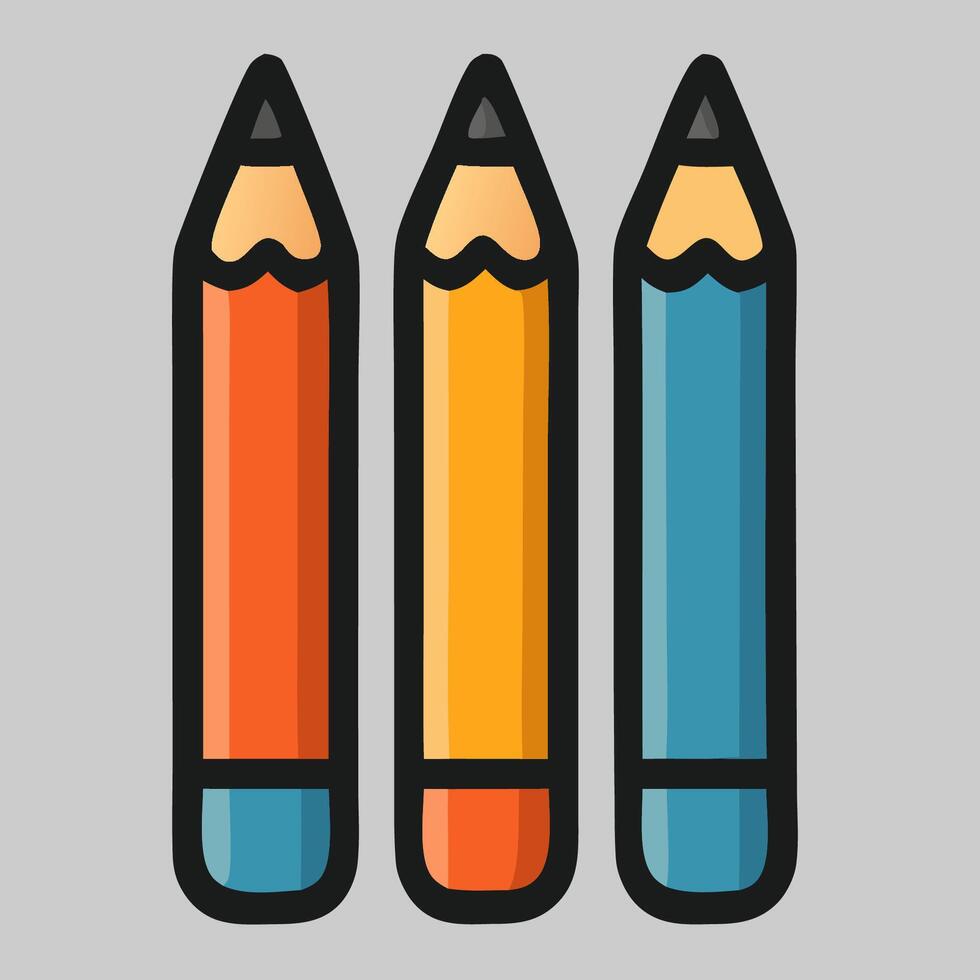 Three vertical pencil icon in orange, red, blue with simple shape, ideal for school and design content vector