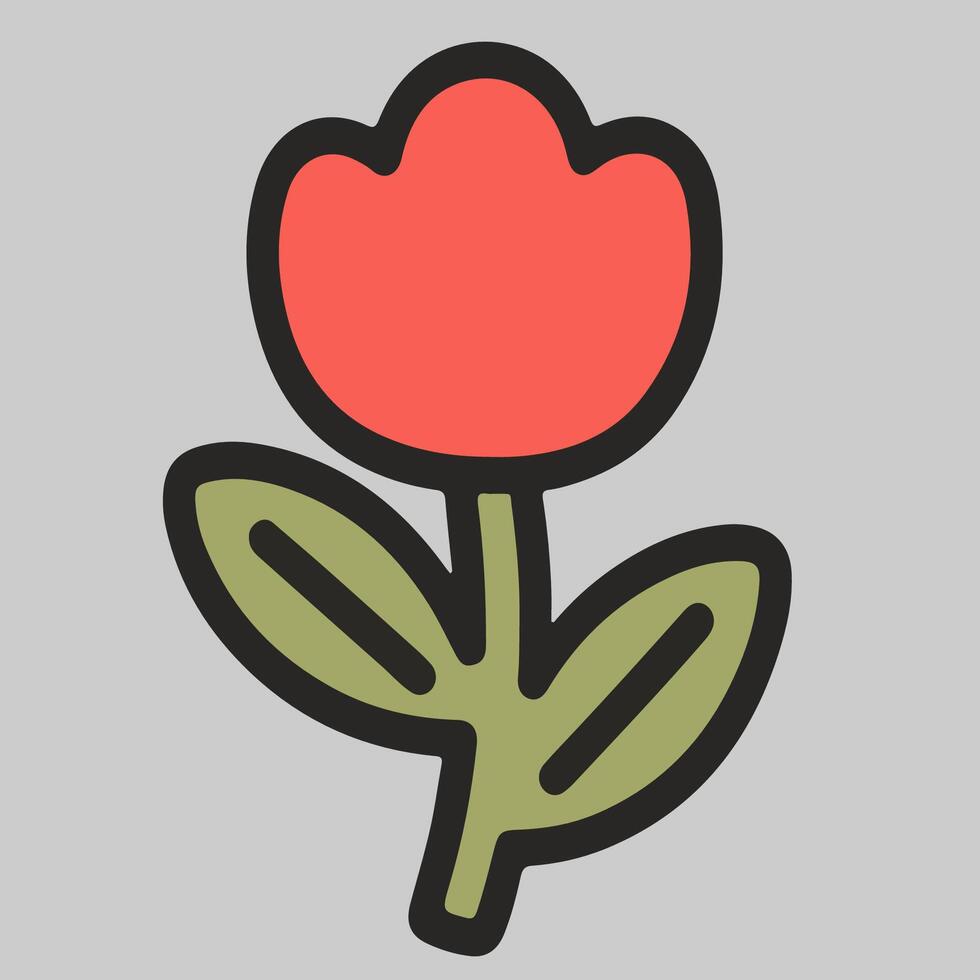 Red tulip flower icon with rounded petals and green stem, cartoon illustration for decor. vector