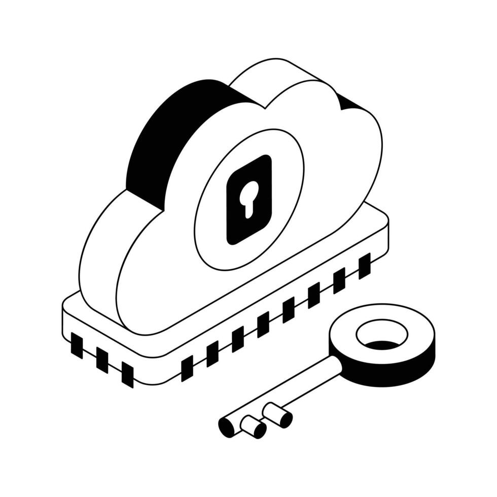 A captivating isometric outline icon showing secure cloud access. vector