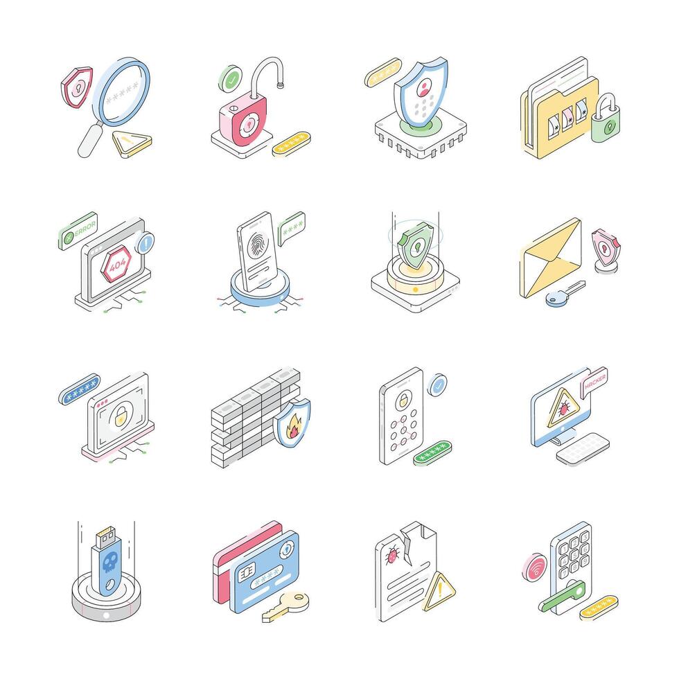 Visually engaging set showing cyber safety and attacks isometric icons vector