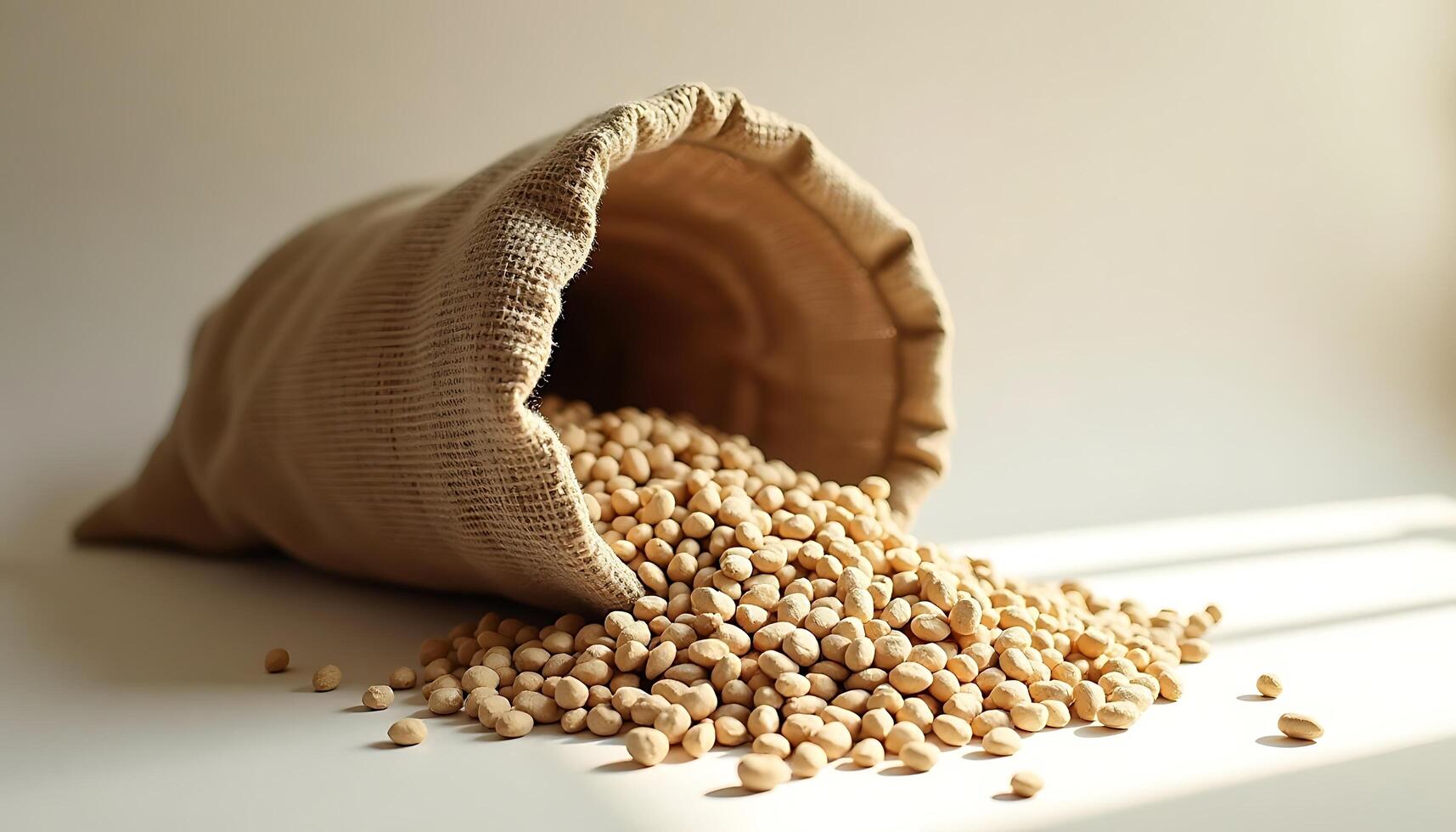 Empty cloth sack spilling yellow lentils onto a flat surface - Generated using AI photo