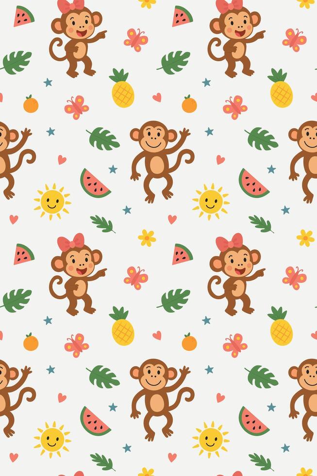 Seamless pattern with monkeys, butterflies, sun, watermelon, flowers and leaves on white, background. Seamless pattern for kids vector