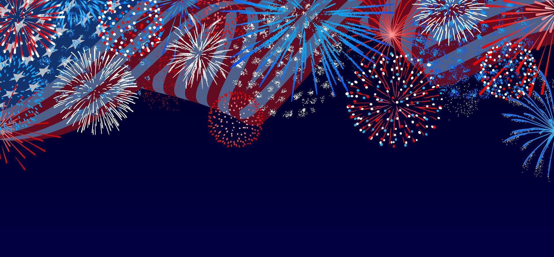 4th of July background, USA flag, fireworks and copy space vector