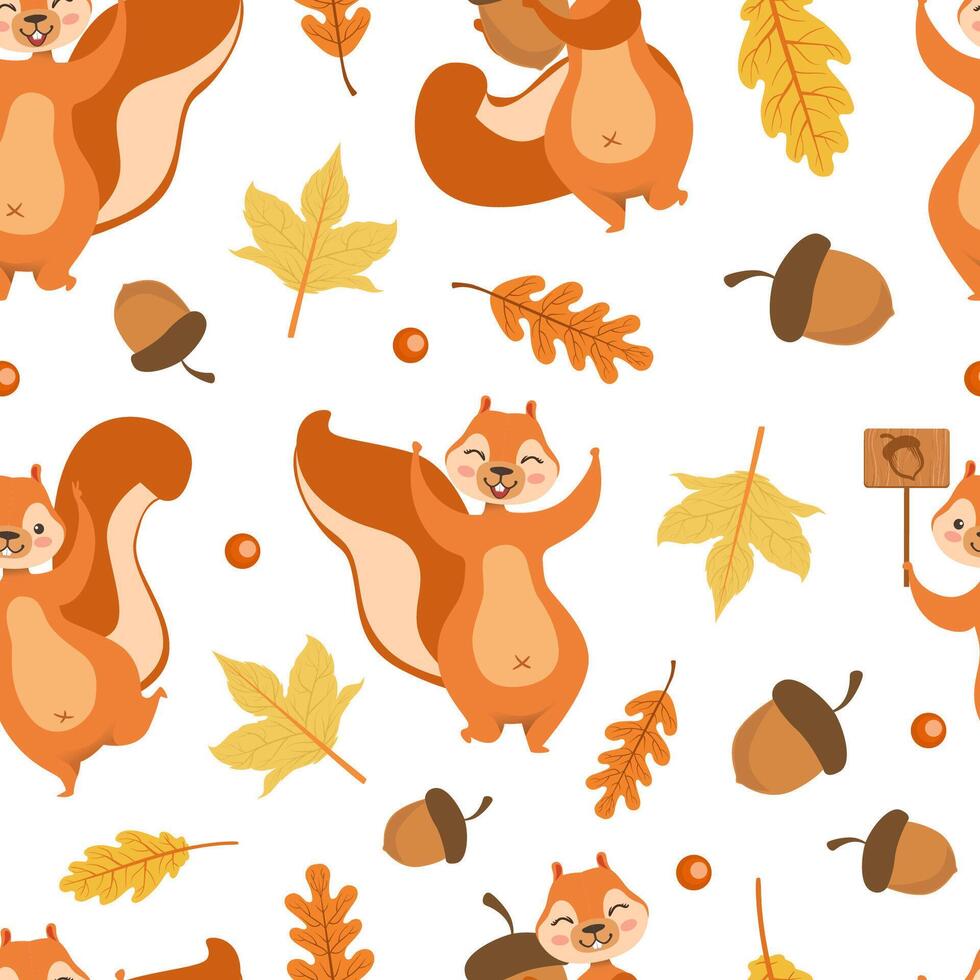 Autumn Seamless Pattern with Cute Squirrel, Colorful Leaves and Acorns, Design Element Can Be Used for Fabric, Packaging, Background Illustration vector