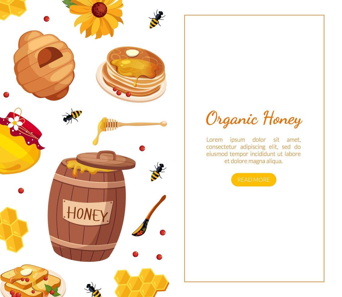Organic Honey Landing Template, Natural Honey Products Website, Mobile App, Beekeeping and Honey Production Illustration vector