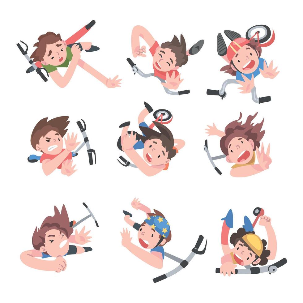 Children Falling Down from Kick Scooters Set, View from Above, Traumatic Accidents, Health Risk Cartoon Style Illustration vector