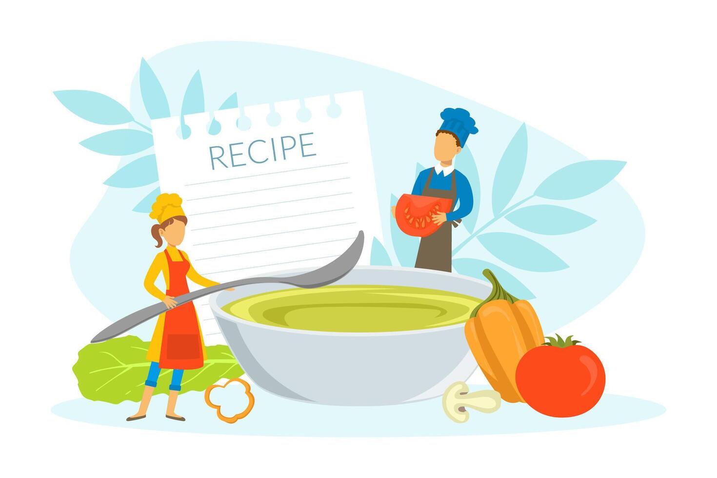 Restaurant Team Cooking Healthy Vegetarian Dish, Tiny Chef Characters in Uniform and Cap Cooking in Kitchen Illustration vector