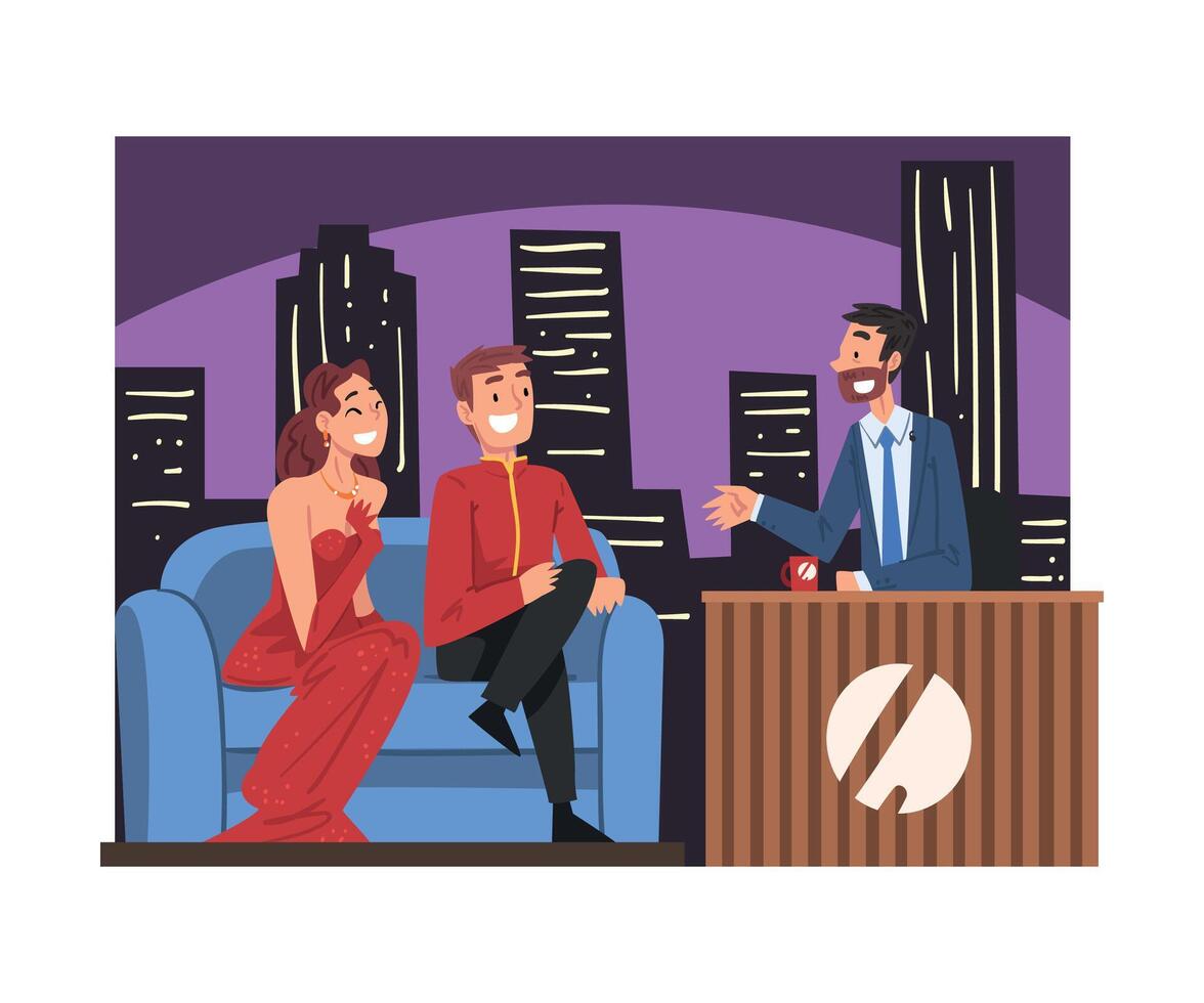 Talk Show with Celebrity Participants Sitting on Couch and Male Presenter Interviewing them Cartoon Style Illustration vector