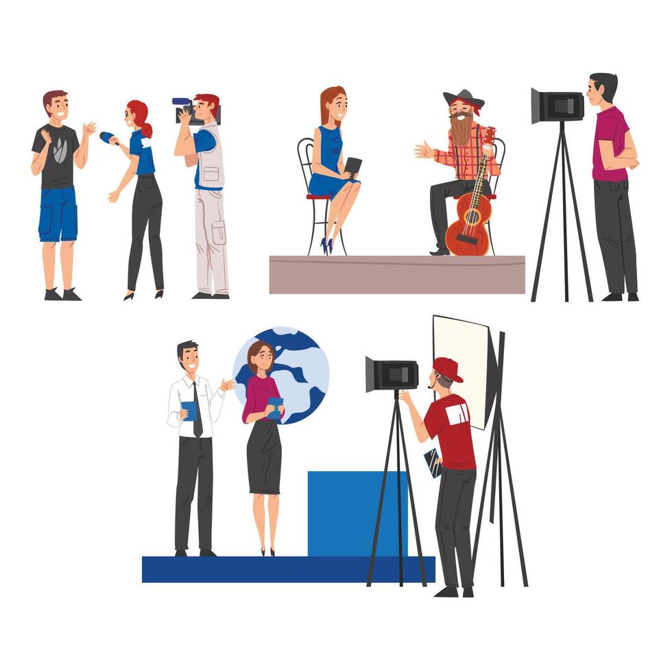 Television Industry, Journalists Taking Interview and Cameramen Shooting with Camera Cartoon Style Illustration vector