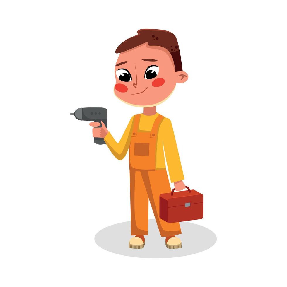 Boy Construction Worker Character with Drill, Cute Little Builder Character Wearing Overalls Hat with Professional Tools Cartoon Style Illustration vector