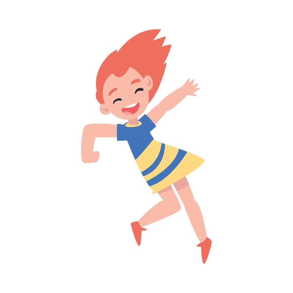 Smiling Little Girl Happily Jumping, Cute Happy Kid in Dress Having Fun Cartoon Style Illustration vector