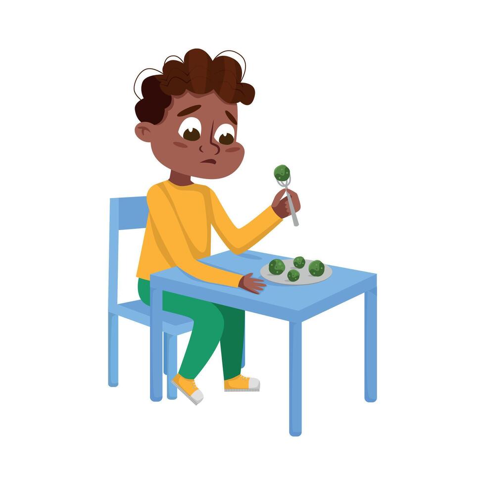 Cute African American Boy Eating Brussels Sprouts, Child Does Not Like Vegetables Cartoon Style Illustration vector