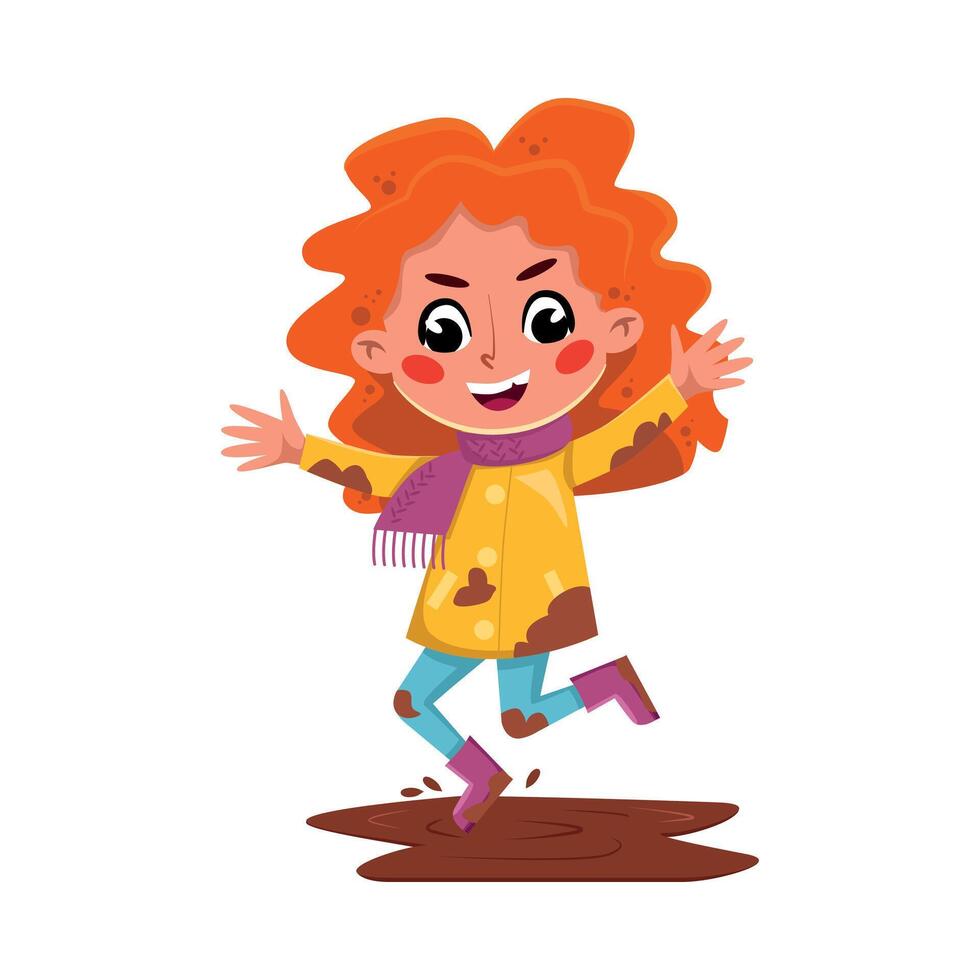 Bully Girl Character Jumping into Dirty Puddle, Naughty Hoodlum Kid Character Cartoon Style Illustration vector
