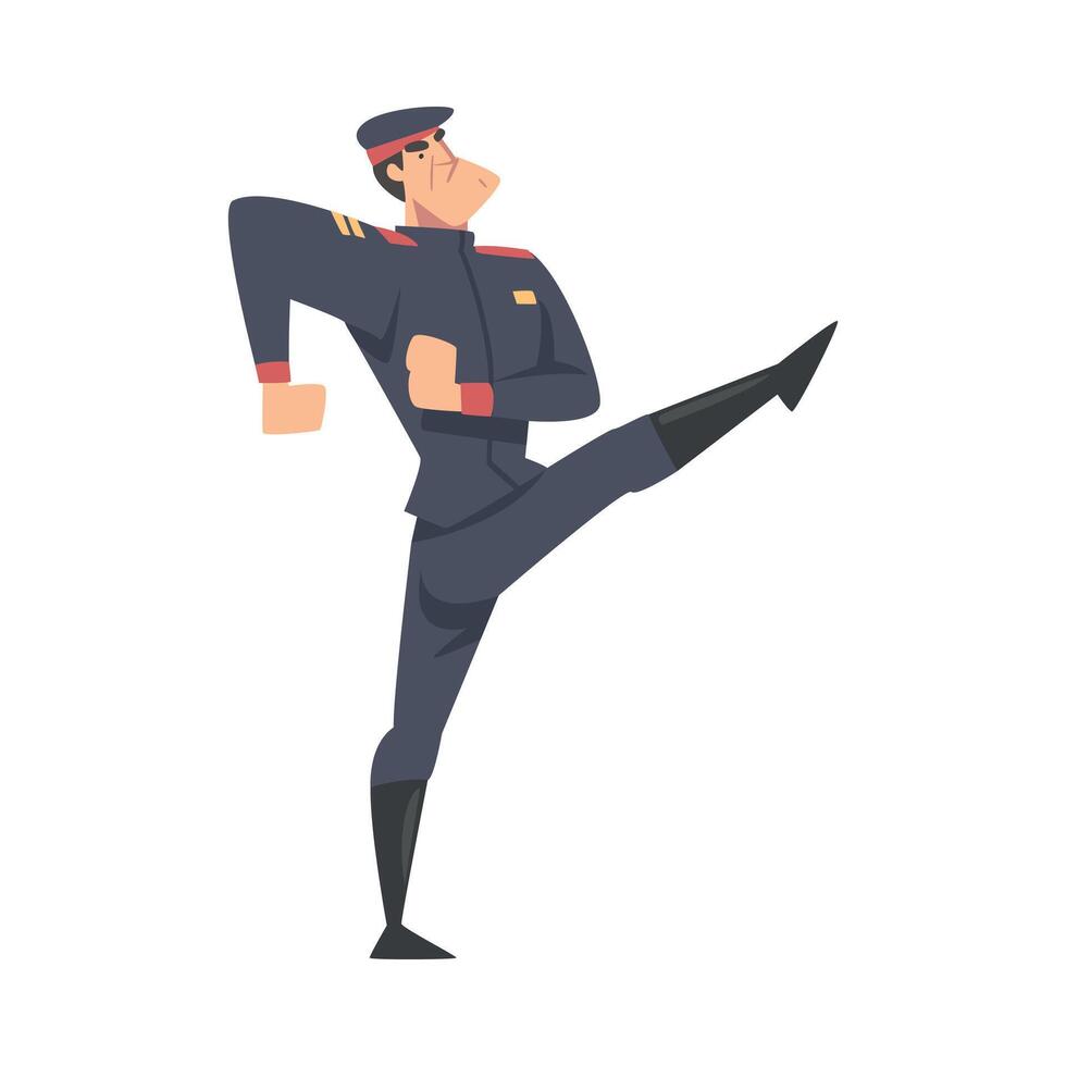 Army Soldier Marching, Infantry Military Man Character in Blue Uniform and Cap Cartoon Style Illustration vector